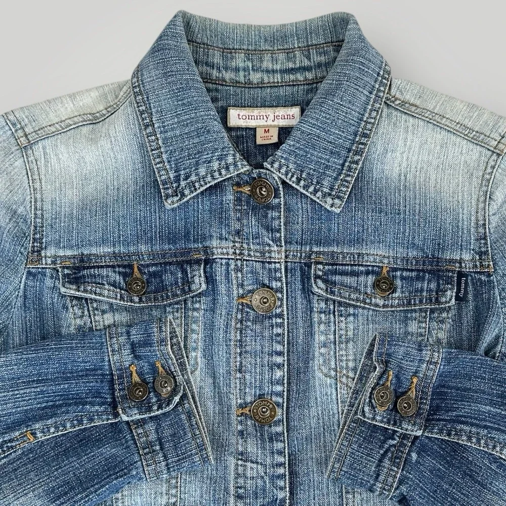 VTG 2005 Tommy Jeans Denim Cropped Jacket Womans M Love Birds Embroidery on Back